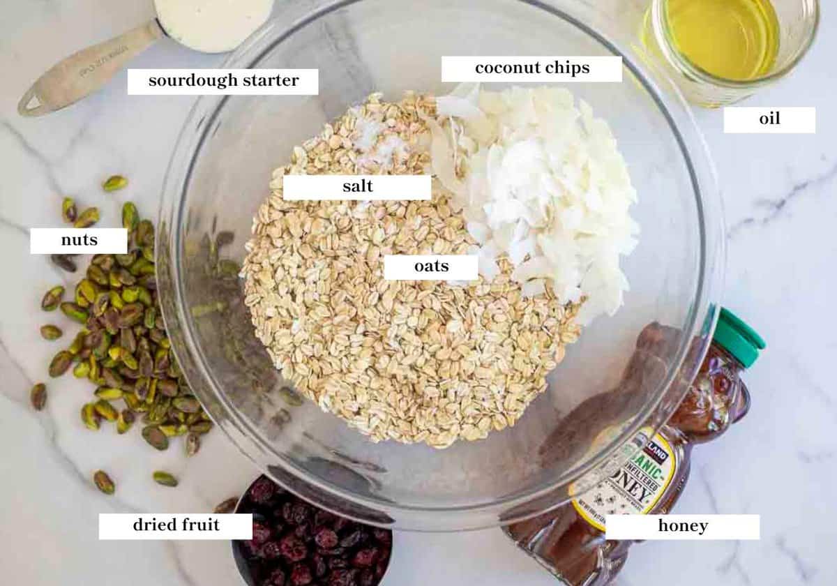 sourdough granola ingredients spread out on a marble countertop.