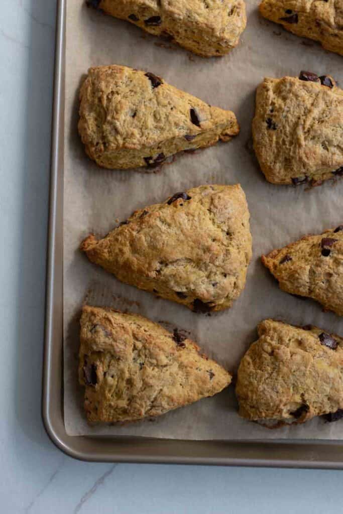 Sourdough scones on a baking sheet baked to perfection.