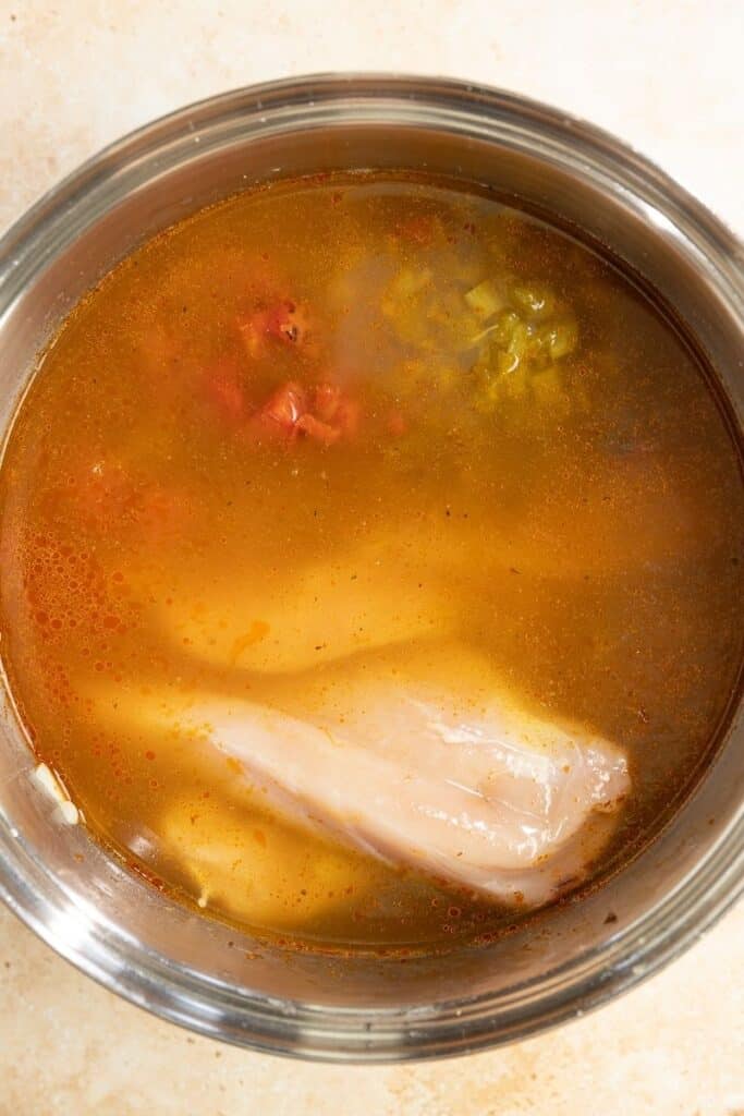 Raw chicken breasts, chicken broth, diced tomatoes, and green chilis in a large stock pot. 