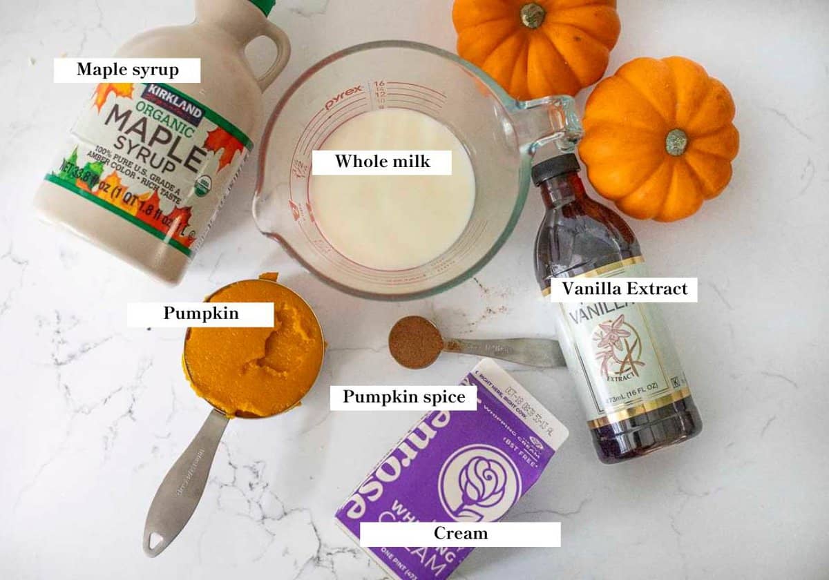 milk, cream, vanilla, pumpkin puree, maple syrup and more on a countertop.