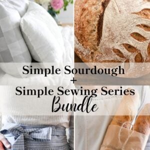 sourdough bread, pillows, an apron, and baguette pictures.