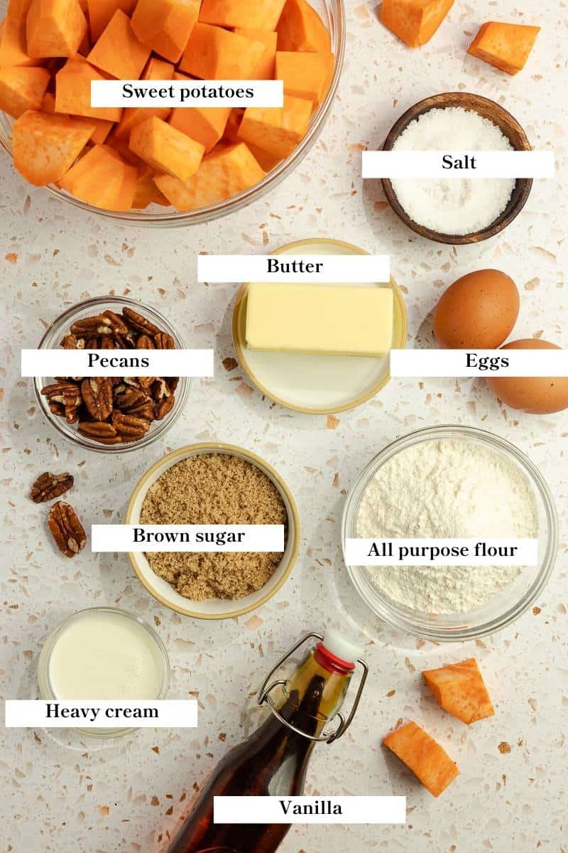 The ingredients for sweet potato casserole on a countertop. 