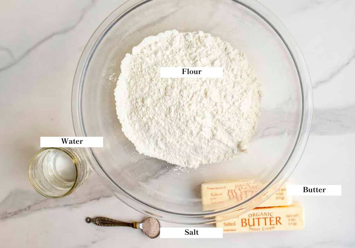 Flour in a bowl, butter, water, and salt in a measuring spoon on a countertop.