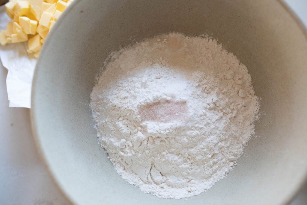 Flour, salt, leaveners in a bowl.