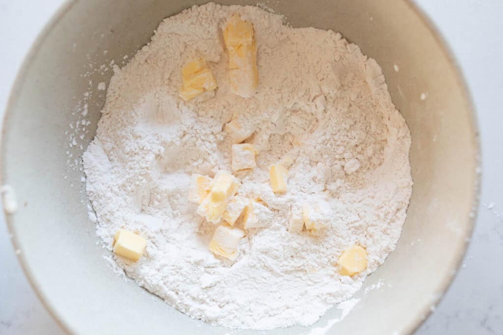 Butter chunks in a flour mixture.