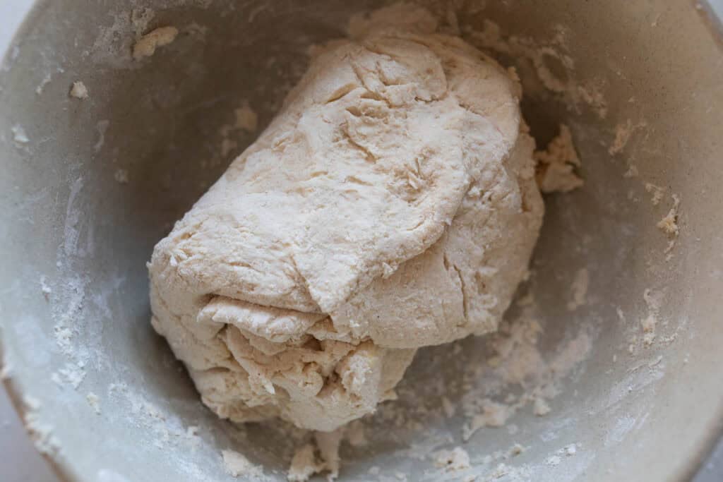 Biscuit dough mixed up in a bowl.