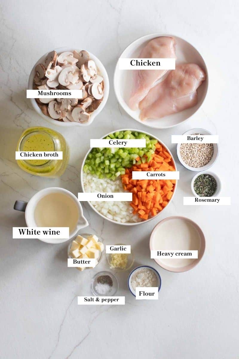 Ingredients for chicken marsala soup on a countertop. 