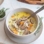 A bowl of chicken marsala soup with a spoon in it.