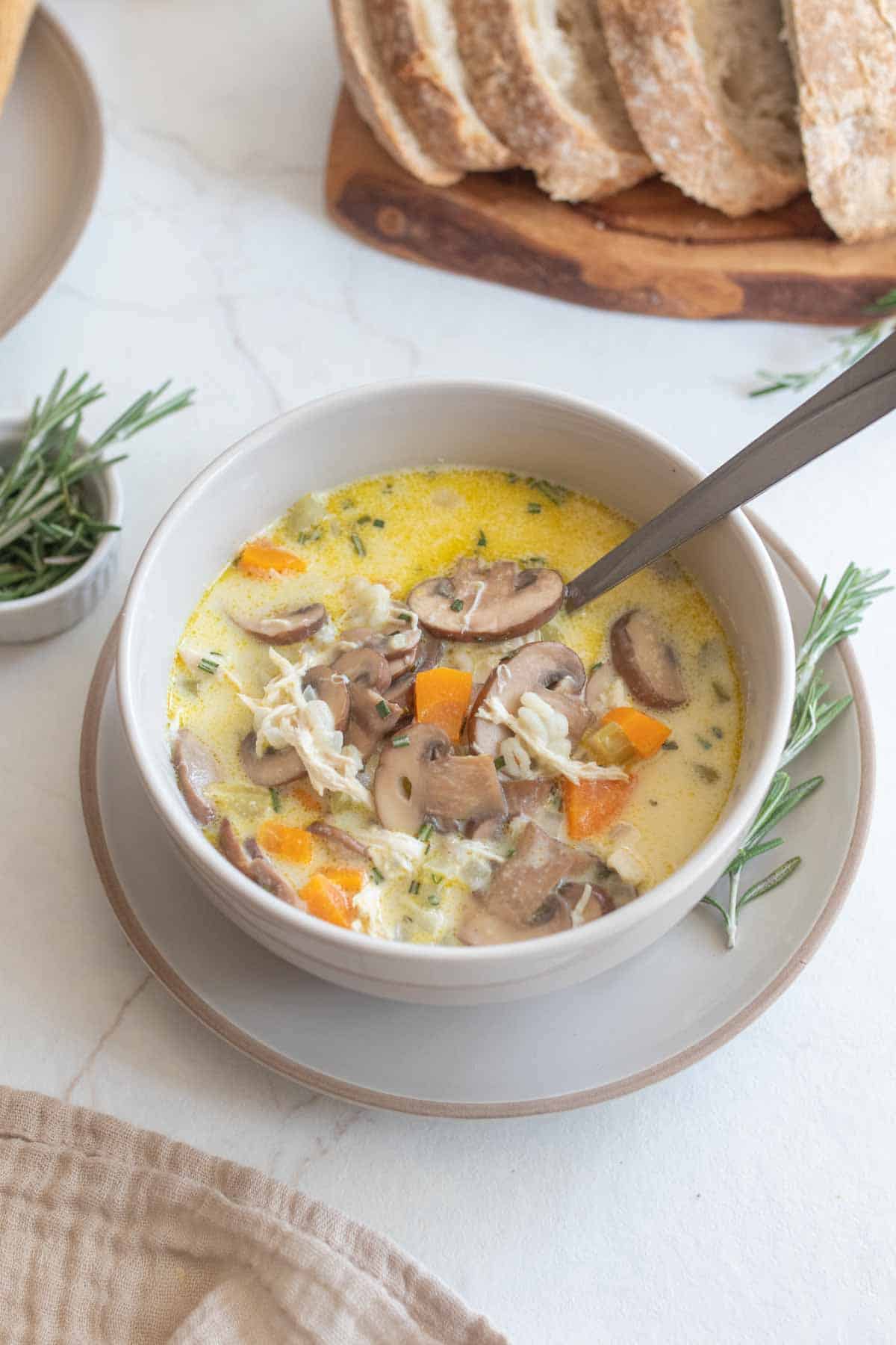 A bowl of chicken marsala soup with a spoon in it.