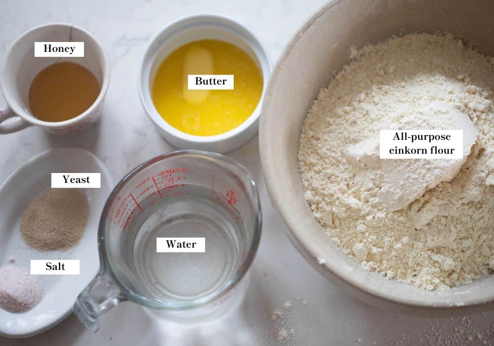 Ingredients for einkorn bread laid out in bowls on a countertop.