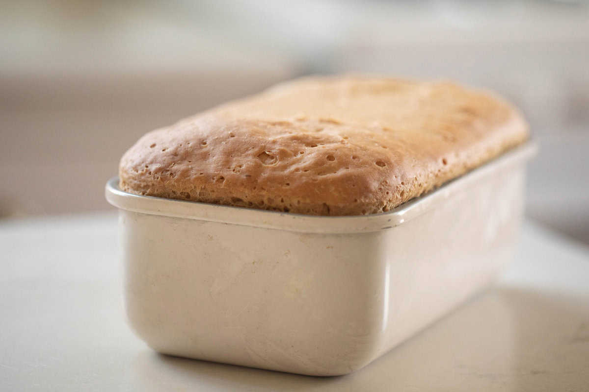 A loaf of einkorn sandwich bread in a loaf pan on a countertop.