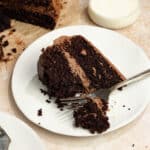 A slice of chocolate cake on a plate with a fork slicing through.