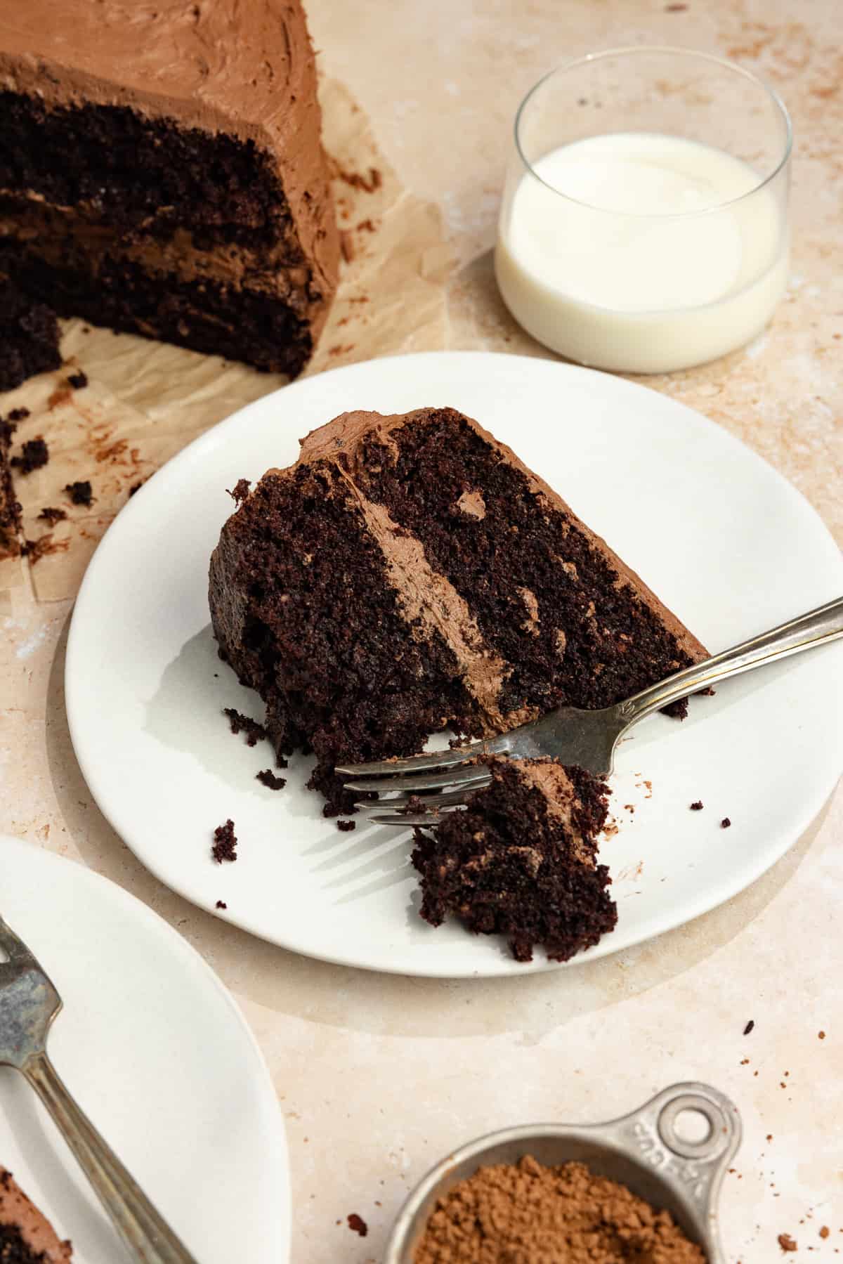 A slice of chocolate cake on a plate with a fork slicing through.