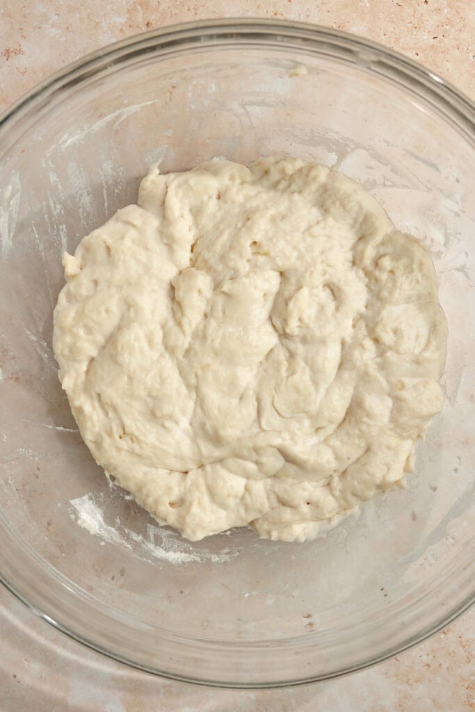 Sourdough starter mixed with other ingredients in a bowl.