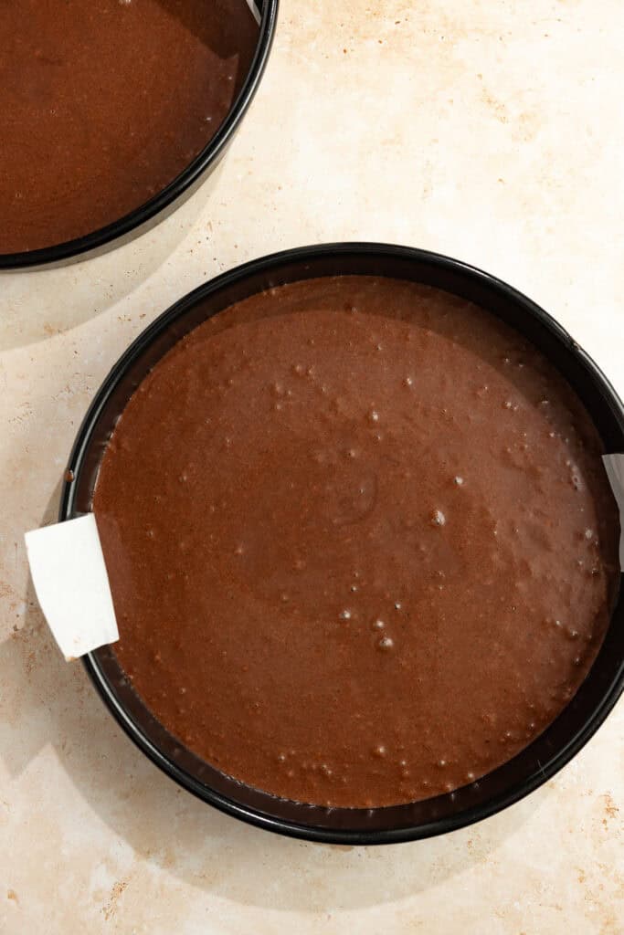 Chocolate cake batter in a 9 inch cake pan.