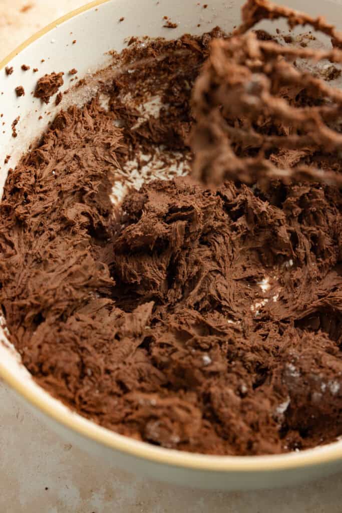 Cocoa and sugar added to whipped butter in a bowl.