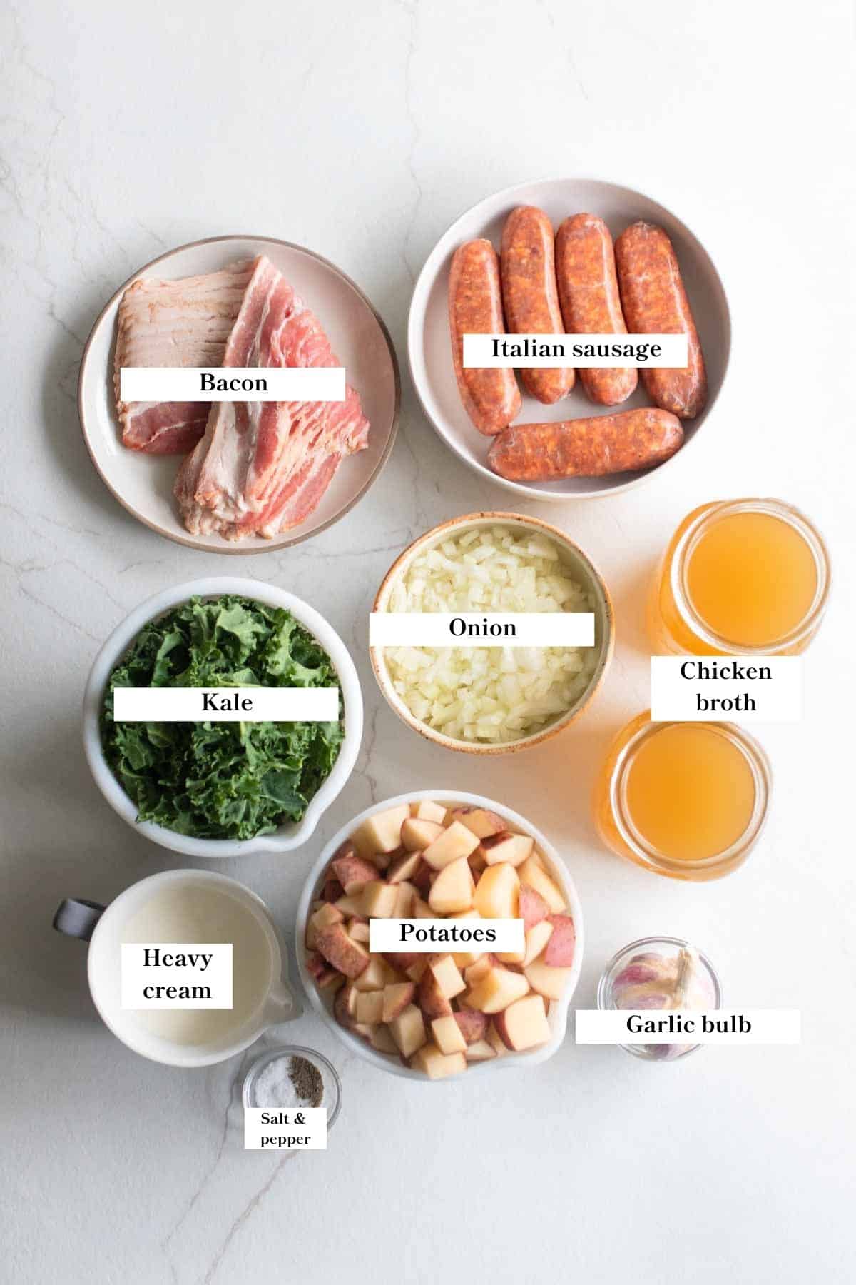 Ingredients for zuppa toscana soup laid out on the counter. 