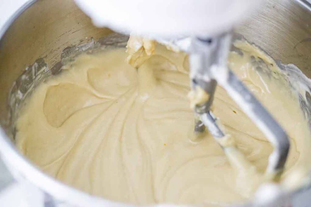 Sourdough coffee cake batter in a stand mixer.