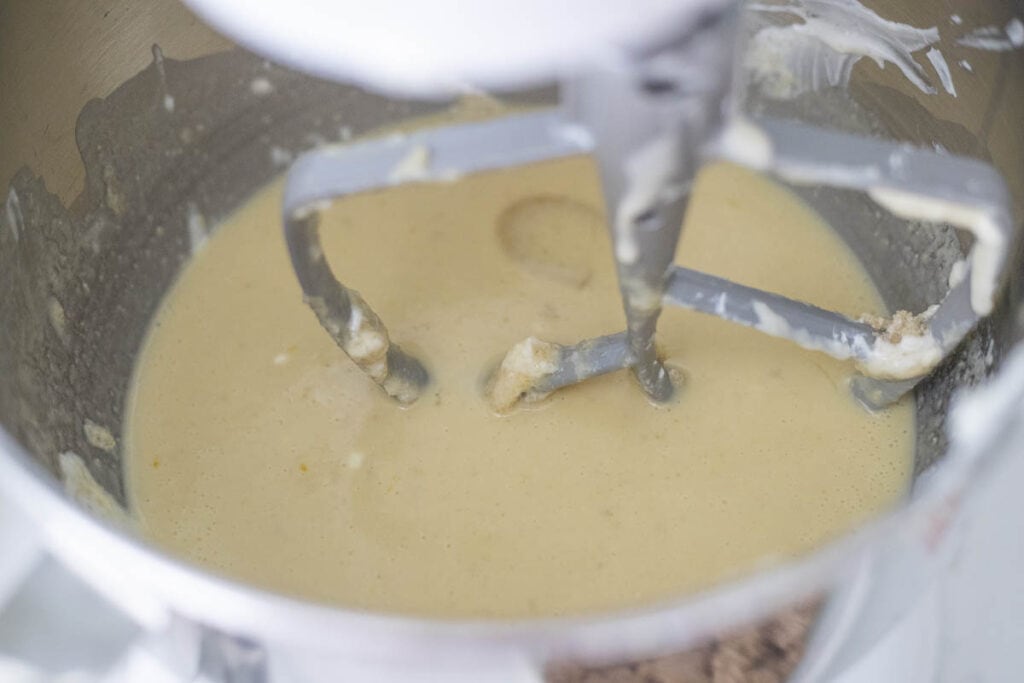 Remaining wet ingredients added into a stand mixer bowl and mixed together.