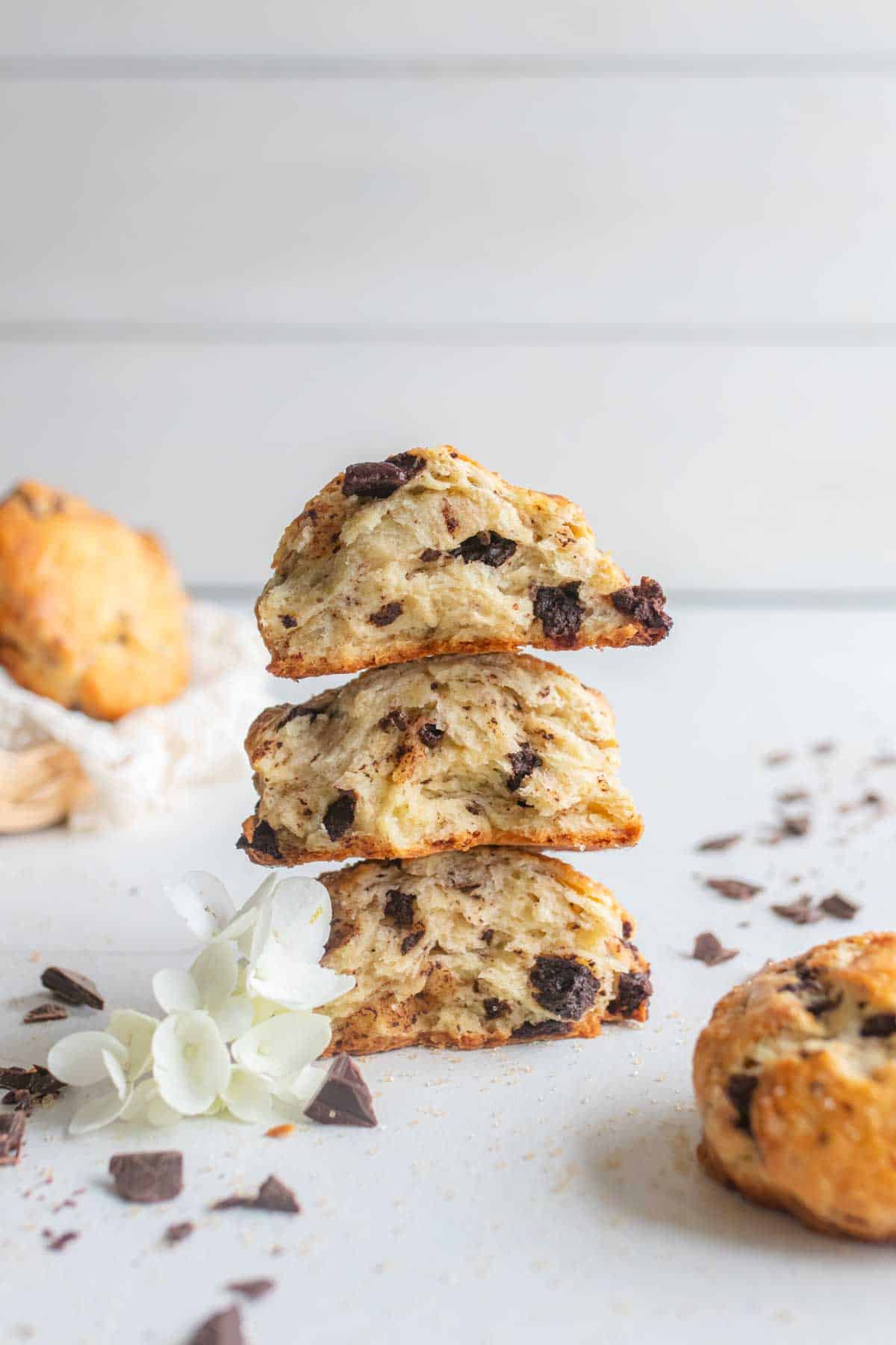 Three scones stacked on top of each other. 