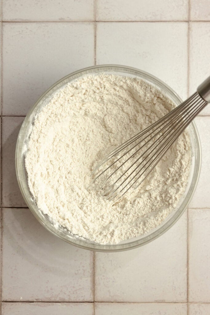 Dry ingredients whisked together in a bowl. 