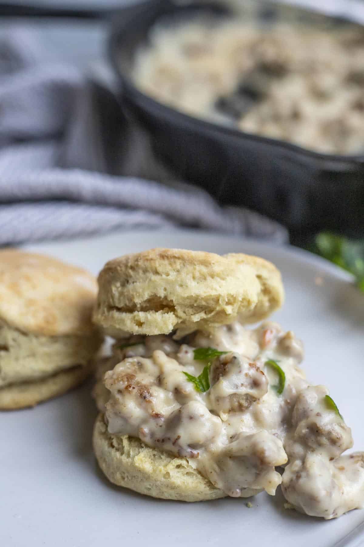 A biscuit with gravy in between the layers.