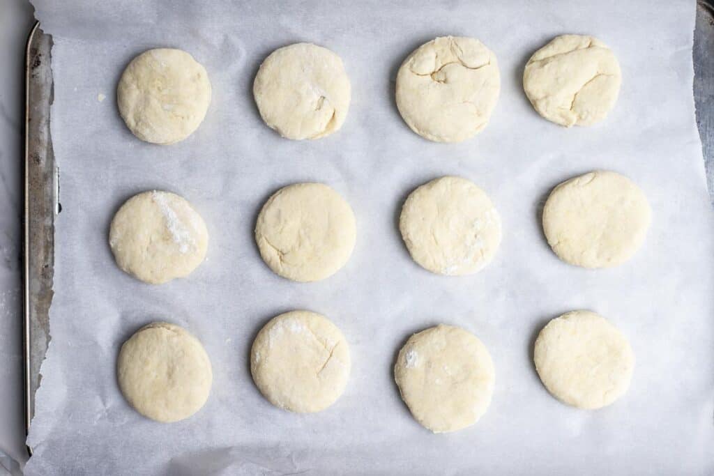 Shaped biscuits on a baking sheet. 