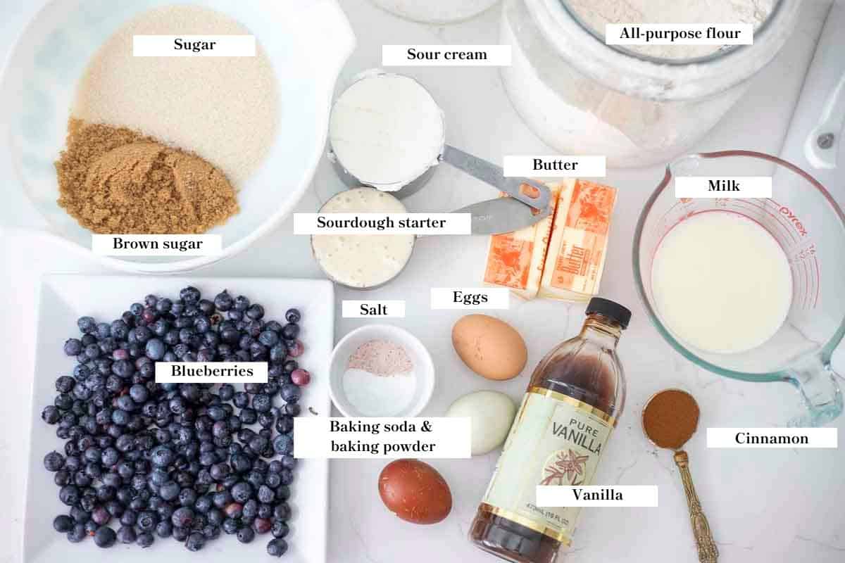 Ingredients for blueberry coffee cake  spread on a countertop.