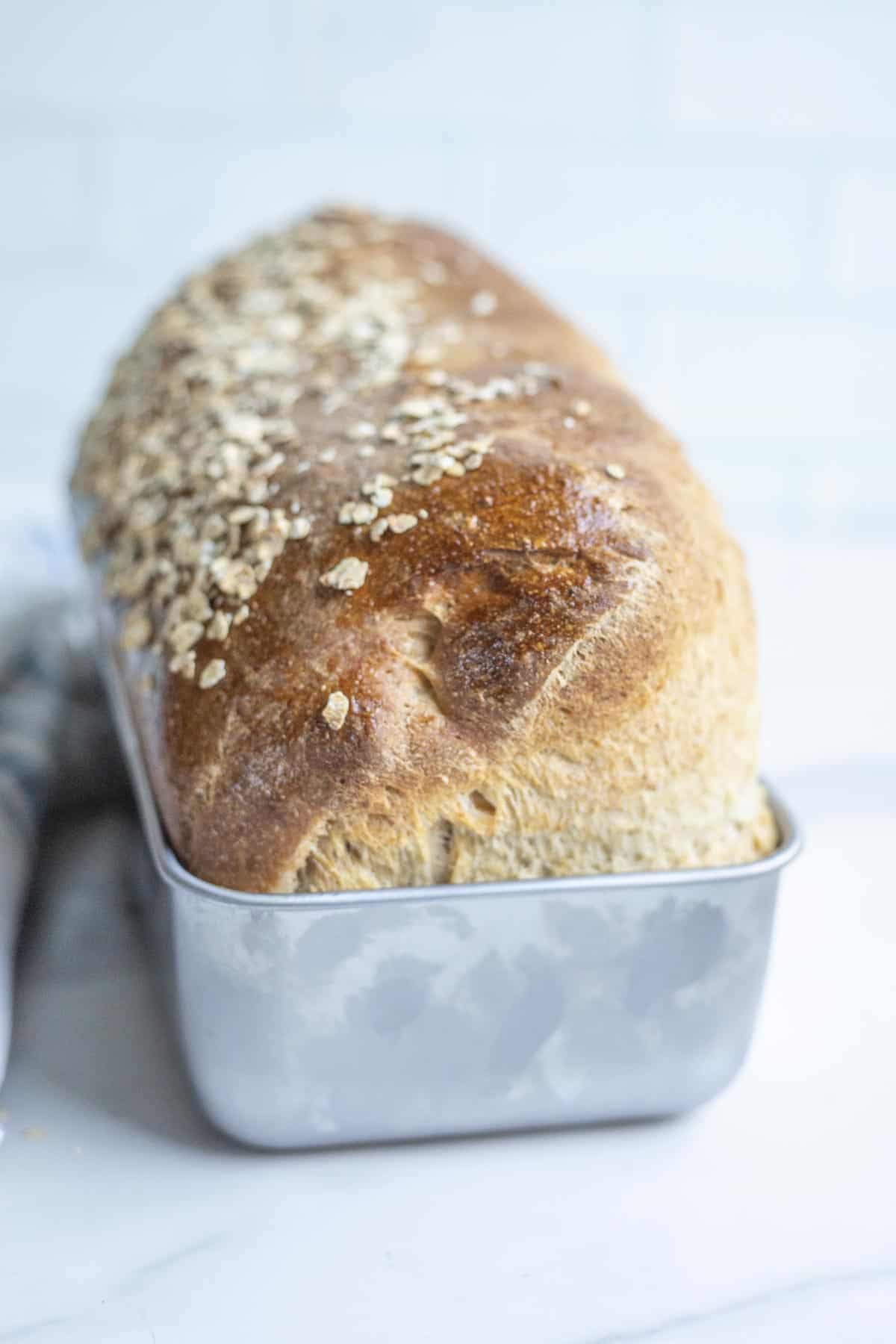 a loaf of sourdough oatmeal bread in a loaf pan on a countertop.