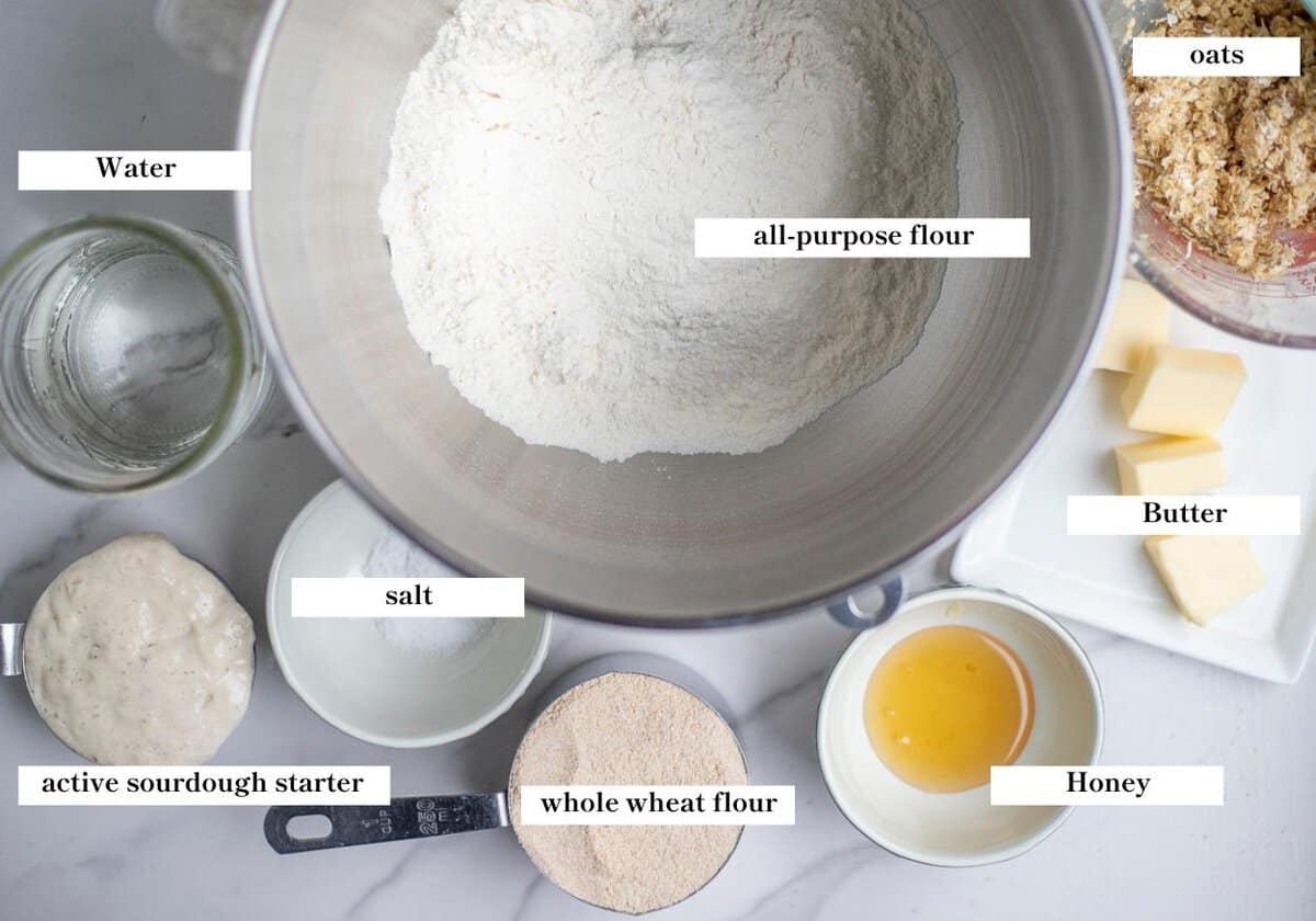 flour, oats, butter, and other ingredients on a countertop.