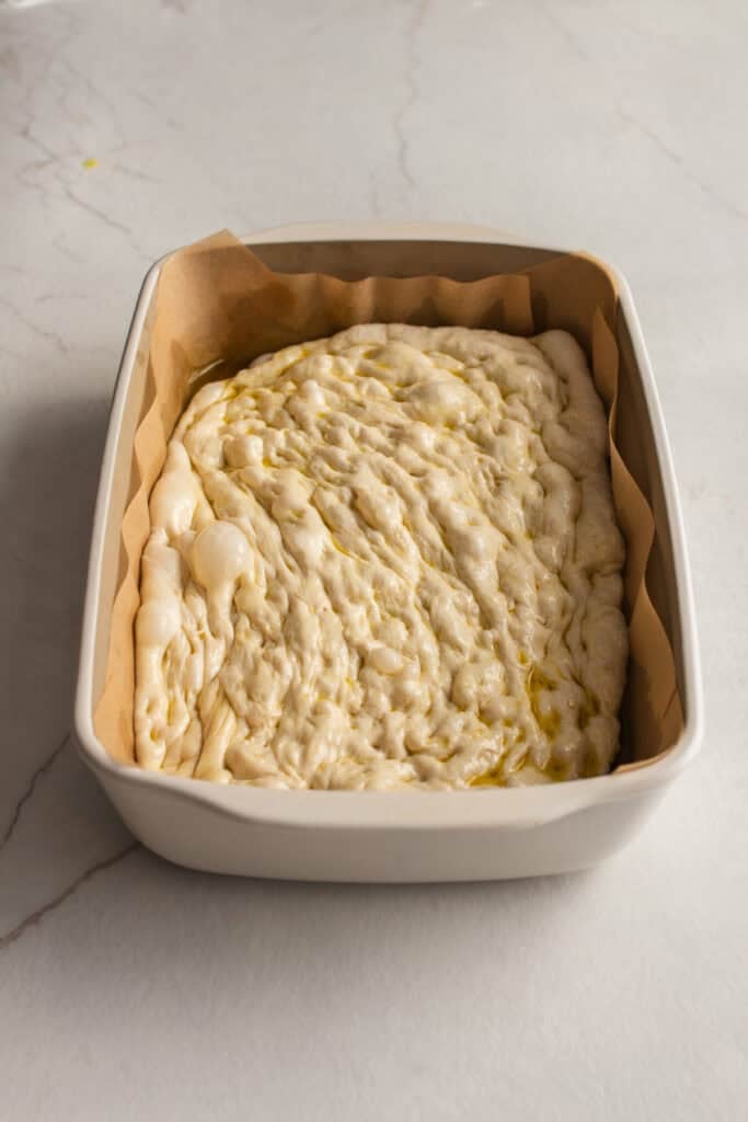 Dough in a baking dish. 