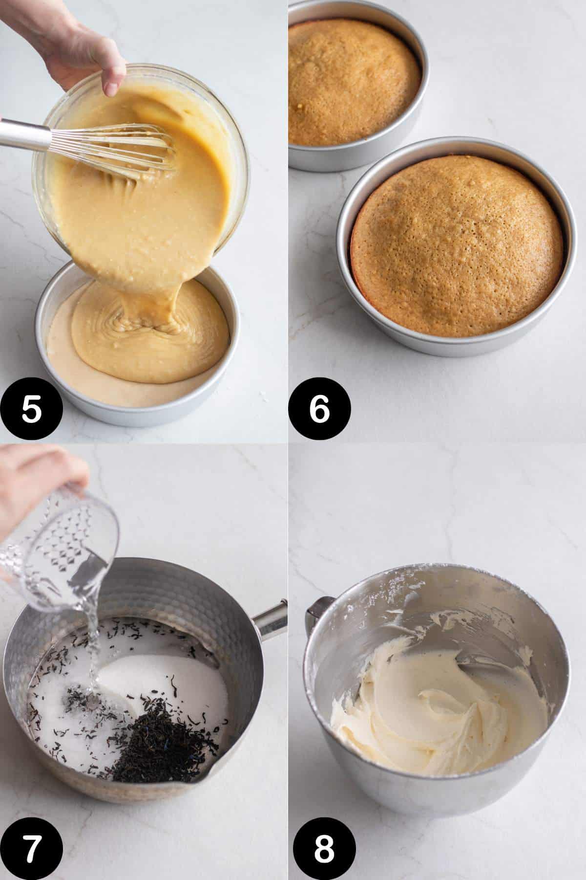 Pouring and baking a cake, plus creating a earl grey simple syrup and cream cheese frosting.