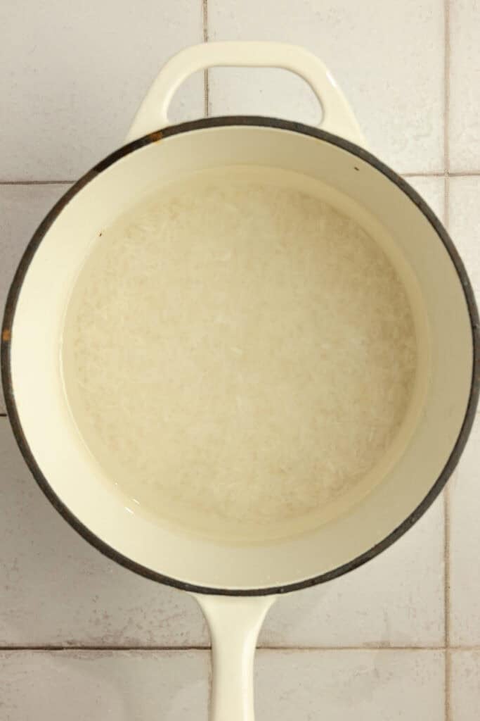 Rice in a large saucepan. 