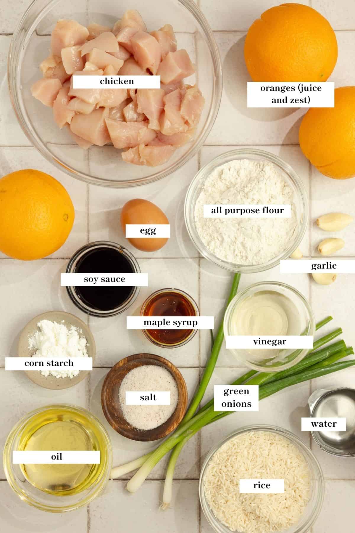 Ingredients on the counter top for orange chicken.