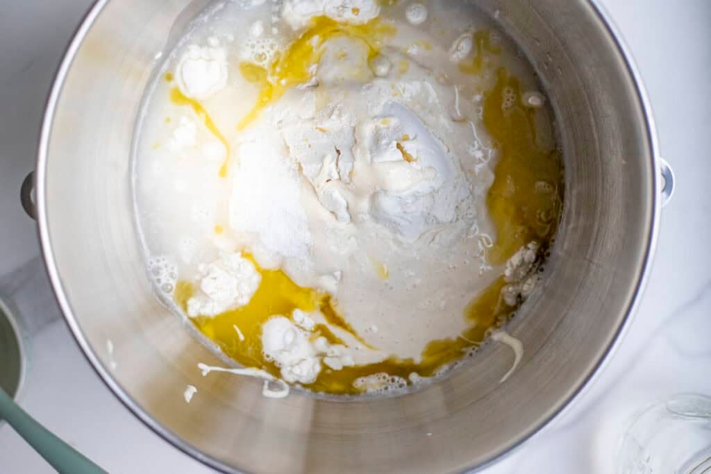 Ingredients in a stand mixer bowl. 