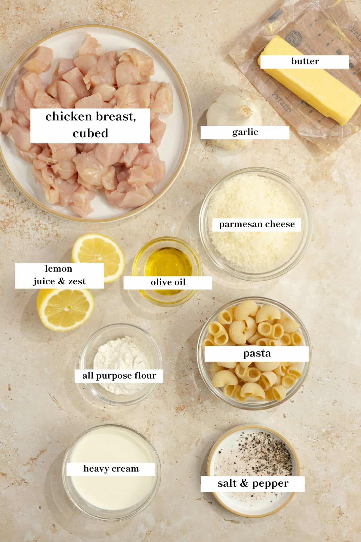 Ingredients labeled on a countertop. 